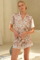 Woman wearing the Lydia Bambi Print Short Set in Brown, lifestyle view