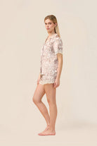 Woman wearing the Lydia Bambi Print Short Set in Brown, side view