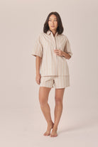 Gingerlilly Sasha Striped Boyfriend Short PJ Set - Beige - Front