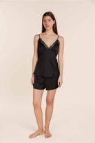 Gingerlilly Heather Silky Satin Cami and Short Set - Black - Front