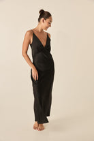 Ilona Black Silky Satin Long Chemise - Gingerlilly Sleepwear