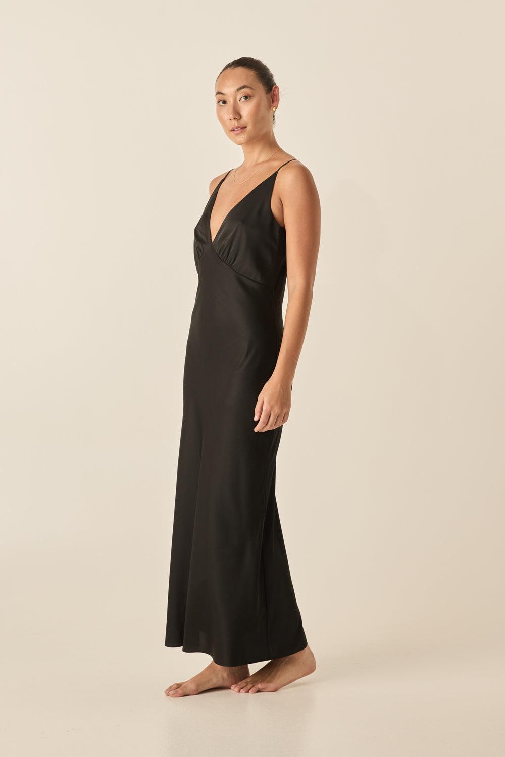 Ilona Black Silky Satin Long Chemise - Gingerlilly Sleepwear