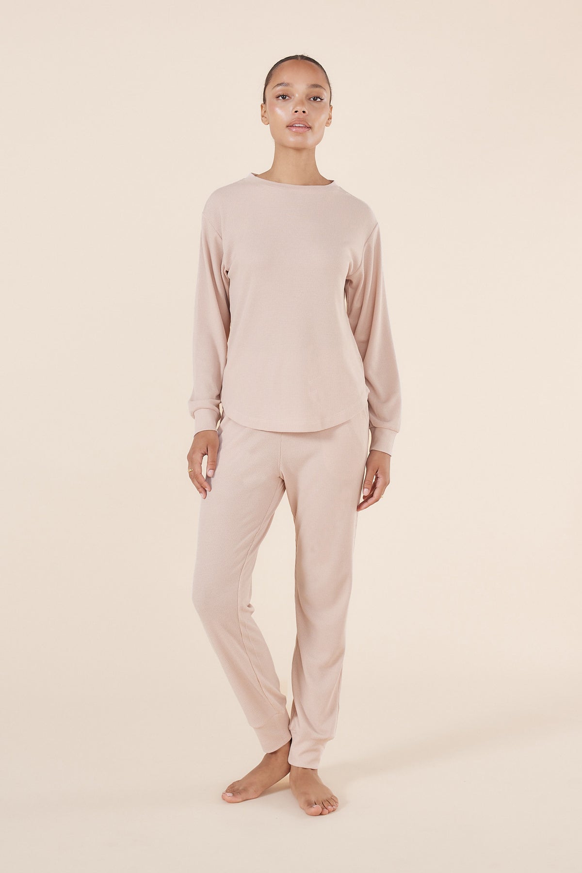 Gingerlilly Lainey Beige Waffle Pyjama Set - Front