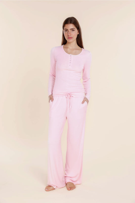 Lille Ribbed Long Sleeve Henley Top - Gingerlilly Sleepwear
