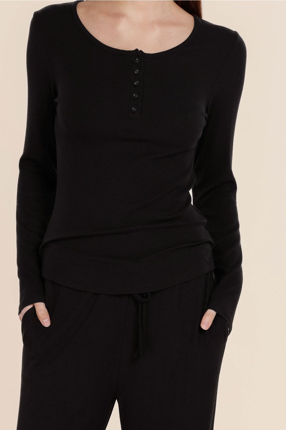 Lille Ribbed Long Sleeve Henley Top - Gingerlilly Sleepwear