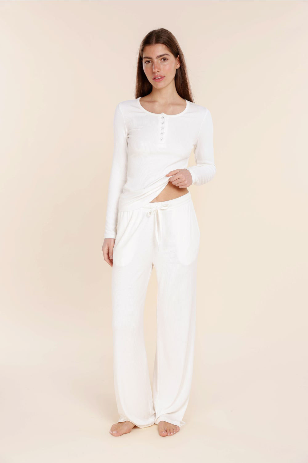 Gingerlilly Lille Ribbed Long Sleeve Henley Top - White - Front alt