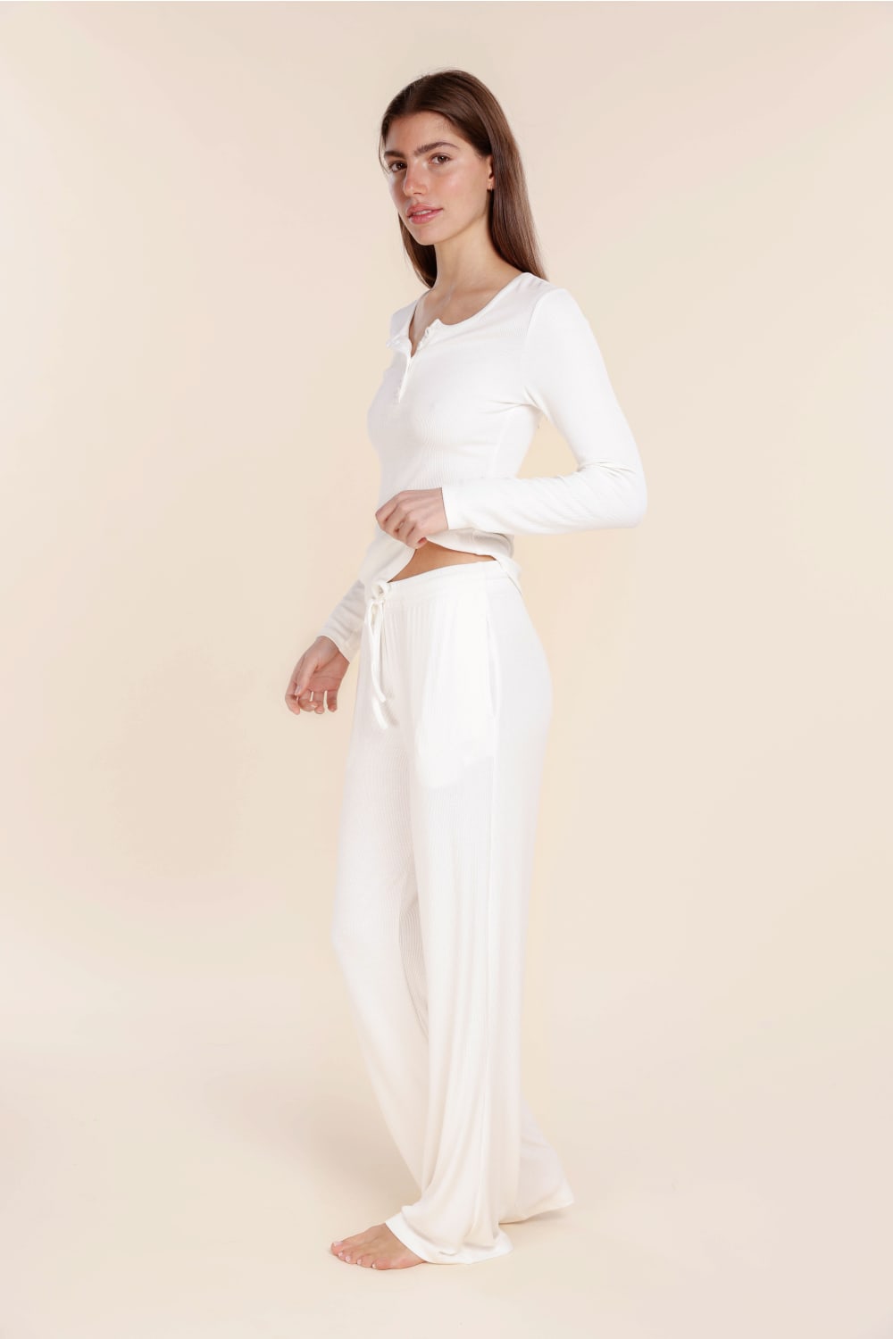 Gingerlilly Lille Ribbed Long Sleeve Henley Top - White - Side