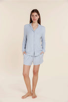 Gingerlilly London Ribbed Long Sleeve Button Up PJ Top - Powder Blue - Front