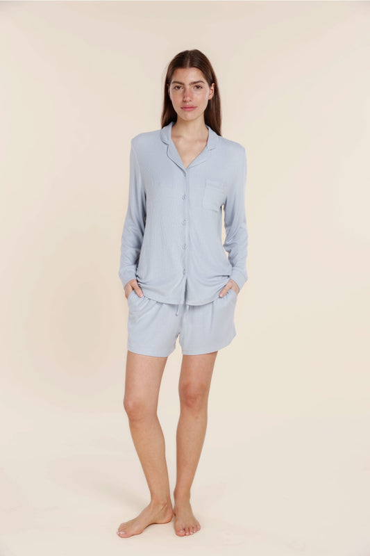 London Ribbed Long Sleeve Button Up Top - Gingerlilly Sleepwear