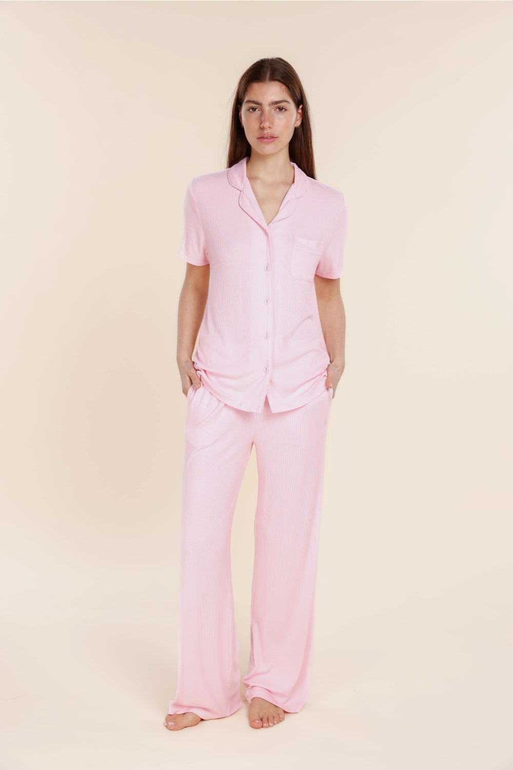 Gingerlilly Lyon Ribbed Short Sleeve Button Up Top - Pink - Front