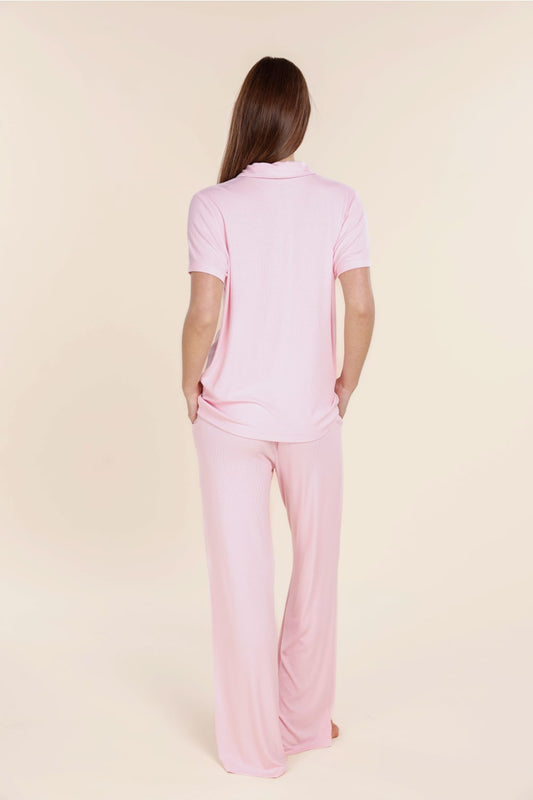 Lyon Ribbed Short Sleeve Button Up Top - Gingerlilly Sleepwear