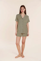 Gingerlilly Lyon Ribbed Short Sleeve Button Up Top - Olive - Front