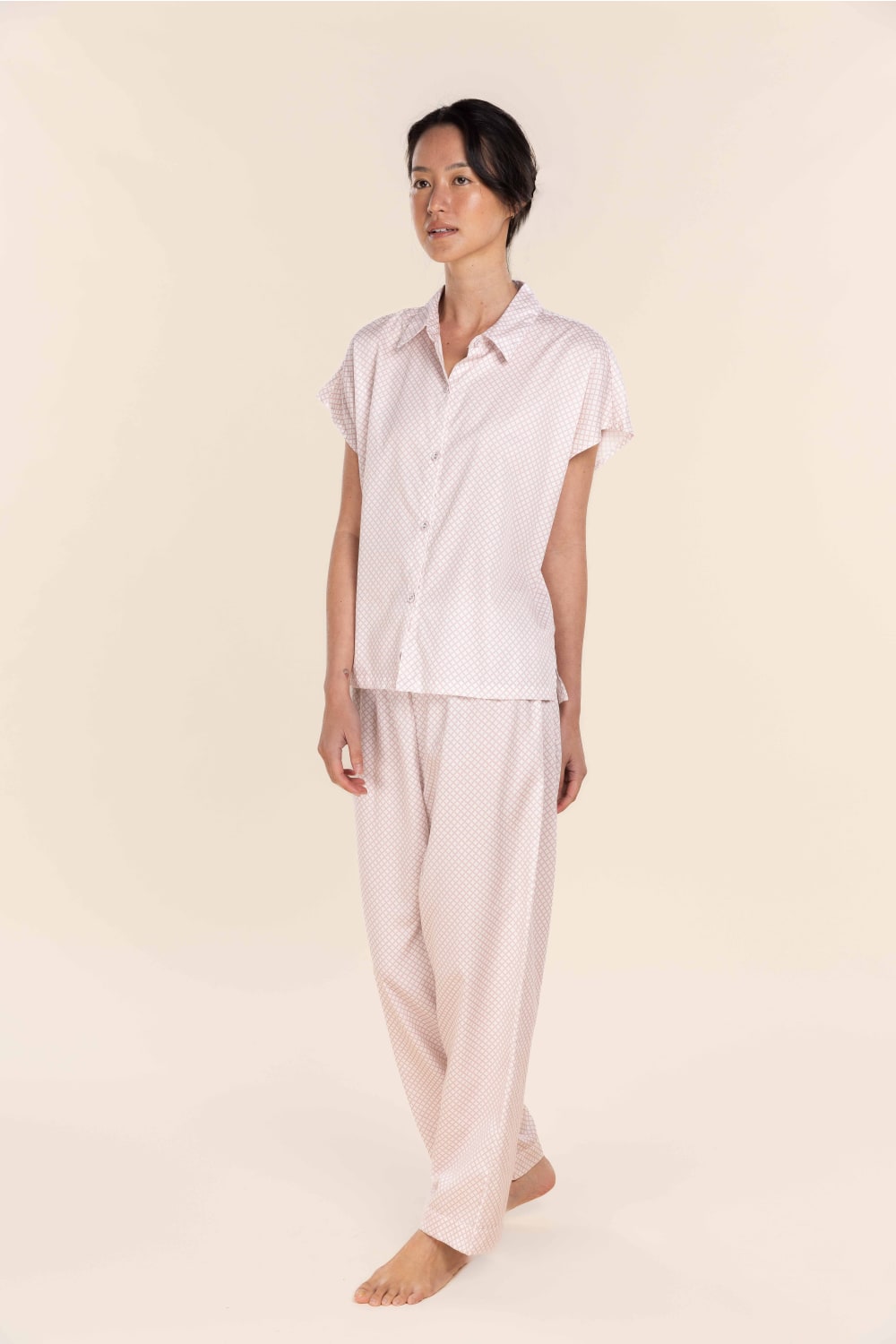 Gingerlilly Marlie Diamond Print Cotton Long PJ Set - Pink - Side