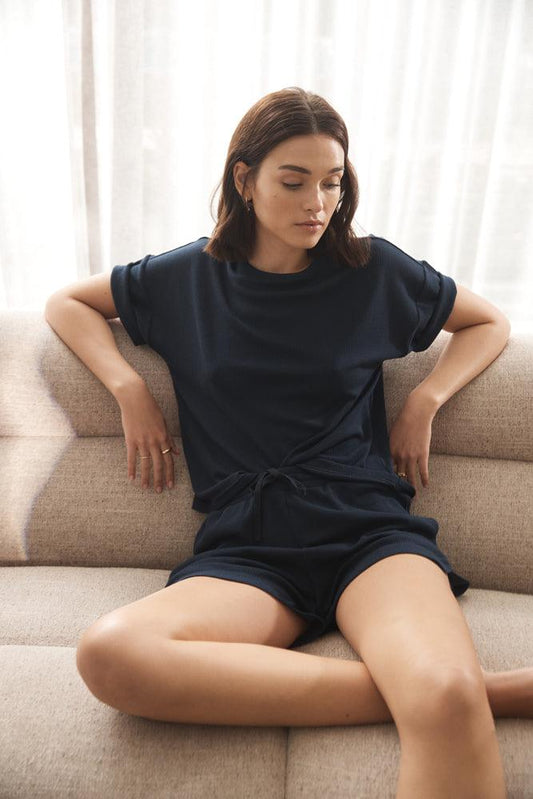 Olivia Navy Waffle Short Set - Gingerlilly Sleepwear