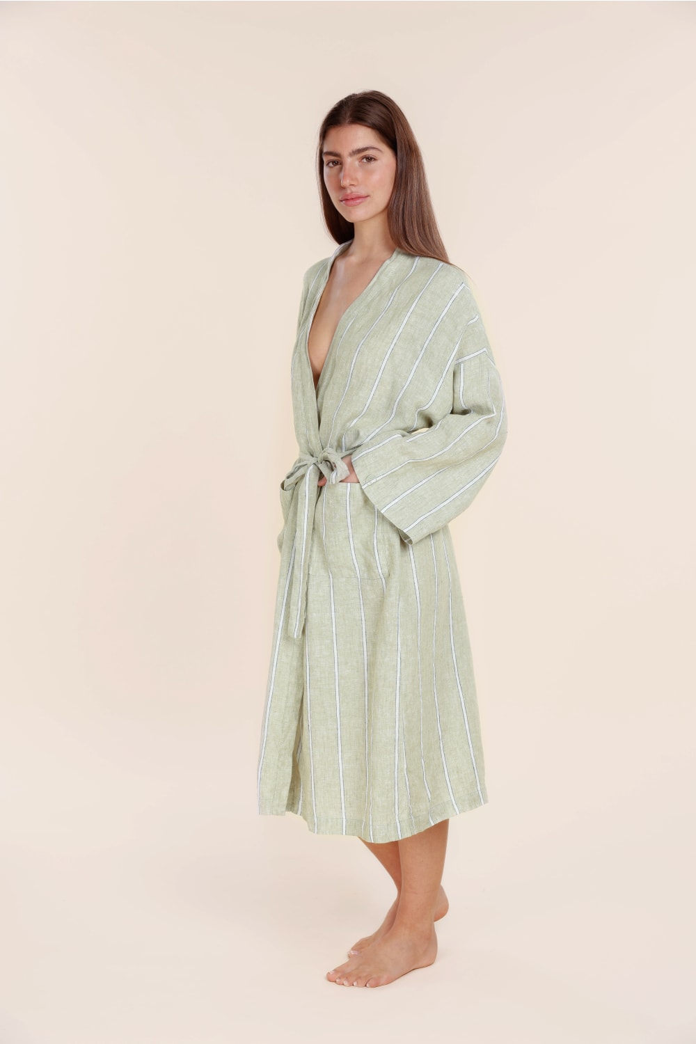 Gingerlilly Rosalind Linen Robe - Olive Stripe - Side