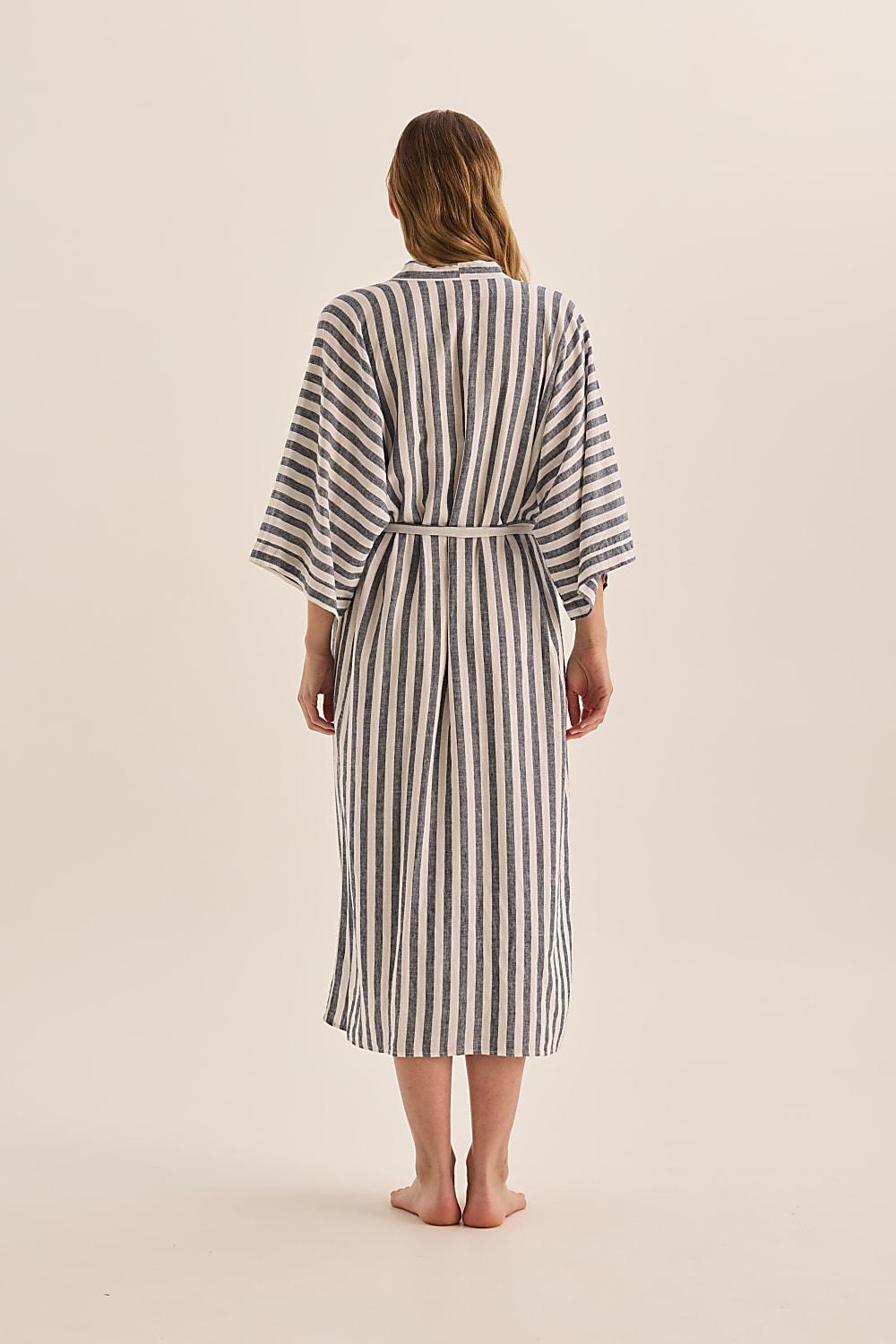 Sunny Navy Stripe Linen Robe - Gingerlilly Sleepwear