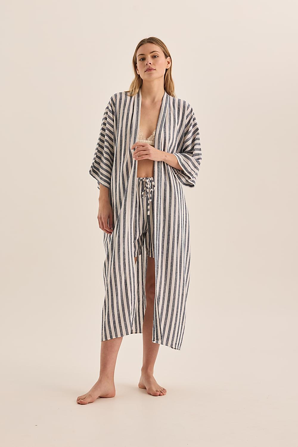 Sunny Navy Stripe Linen Robe - Gingerlilly Sleepwear