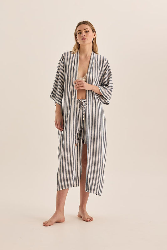 Sunny Navy Stripe Linen Robe - Gingerlilly Sleepwear