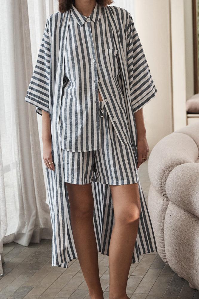 Sunny Navy Stripe Linen Robe - Gingerlilly Sleepwear