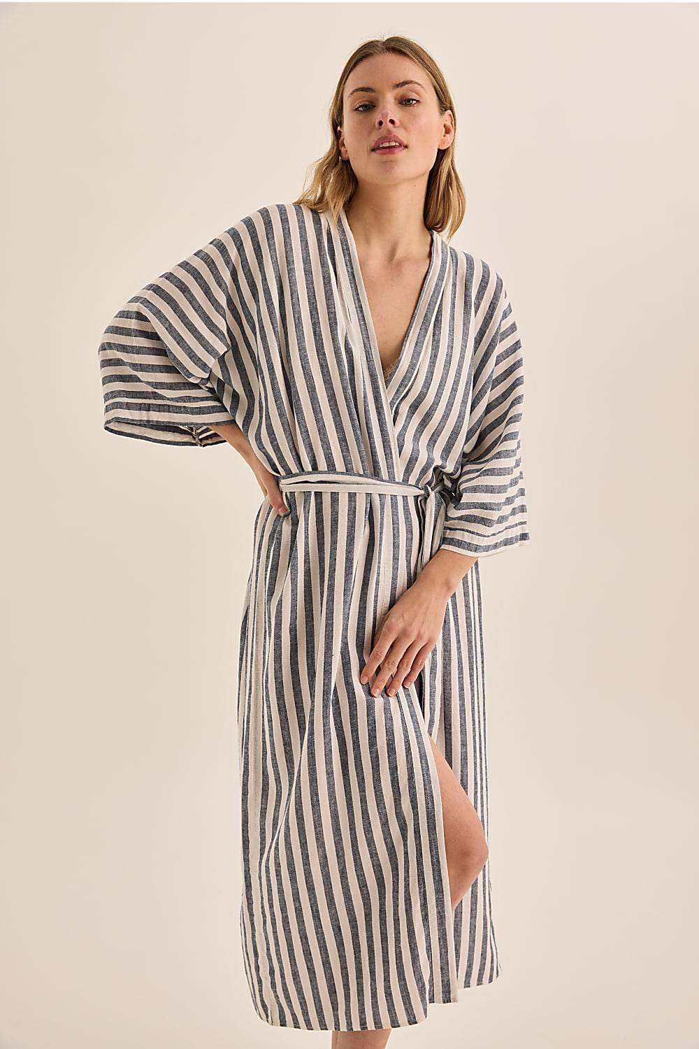 Sunny Navy Stripe Linen Robe - Gingerlilly Sleepwear
