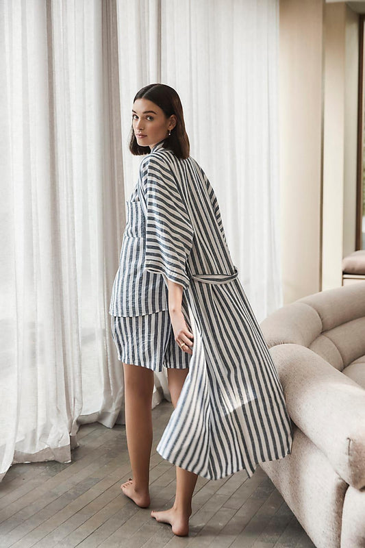 Sunny Navy Stripe Linen Robe - Gingerlilly Sleepwear