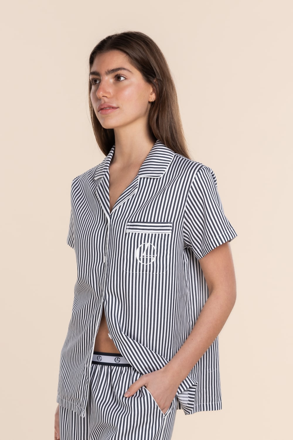 Gingerlilly Camilla Cotton Short PJ Set - Navy Stripe - Front alt