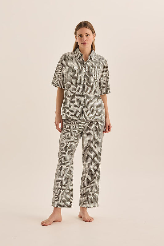 Telisha Olive Geo Cotton PJ Set - Gingerlilly Sleepwear
