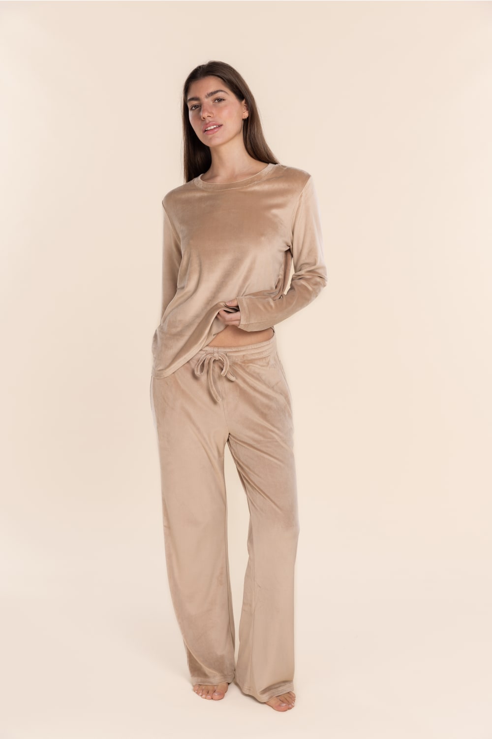 Gingerlilly Thea Velour Long Lounge Set - Beige - Front