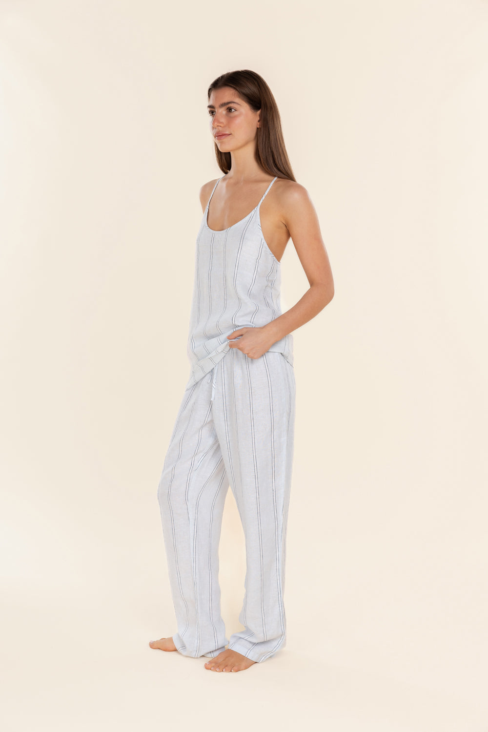 Gingerlilly Zoey Long Linen Pants - Blue Stripe - Side