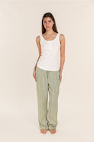Gingerlilly Zoey Long Linen Pants - Olive Stripe - Front alt